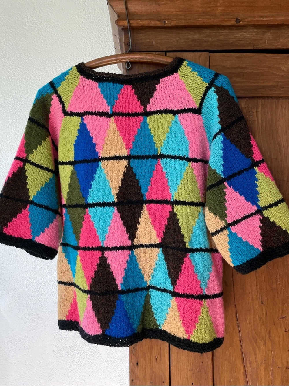 Vintage 1960 knit sweater Geometric diamond pattern